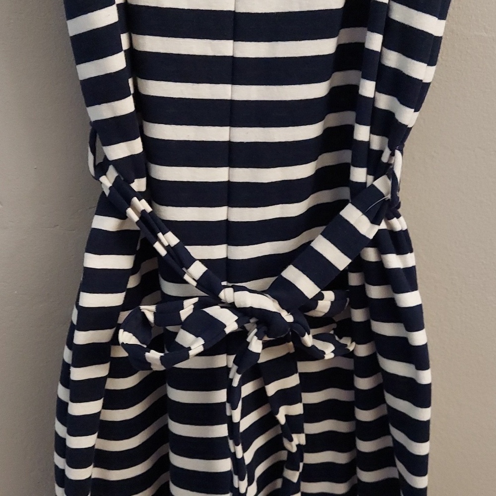 MONTEAU Navy and White Striped Sleeveless Jumper With Waist Sash - Picture 4 of 11